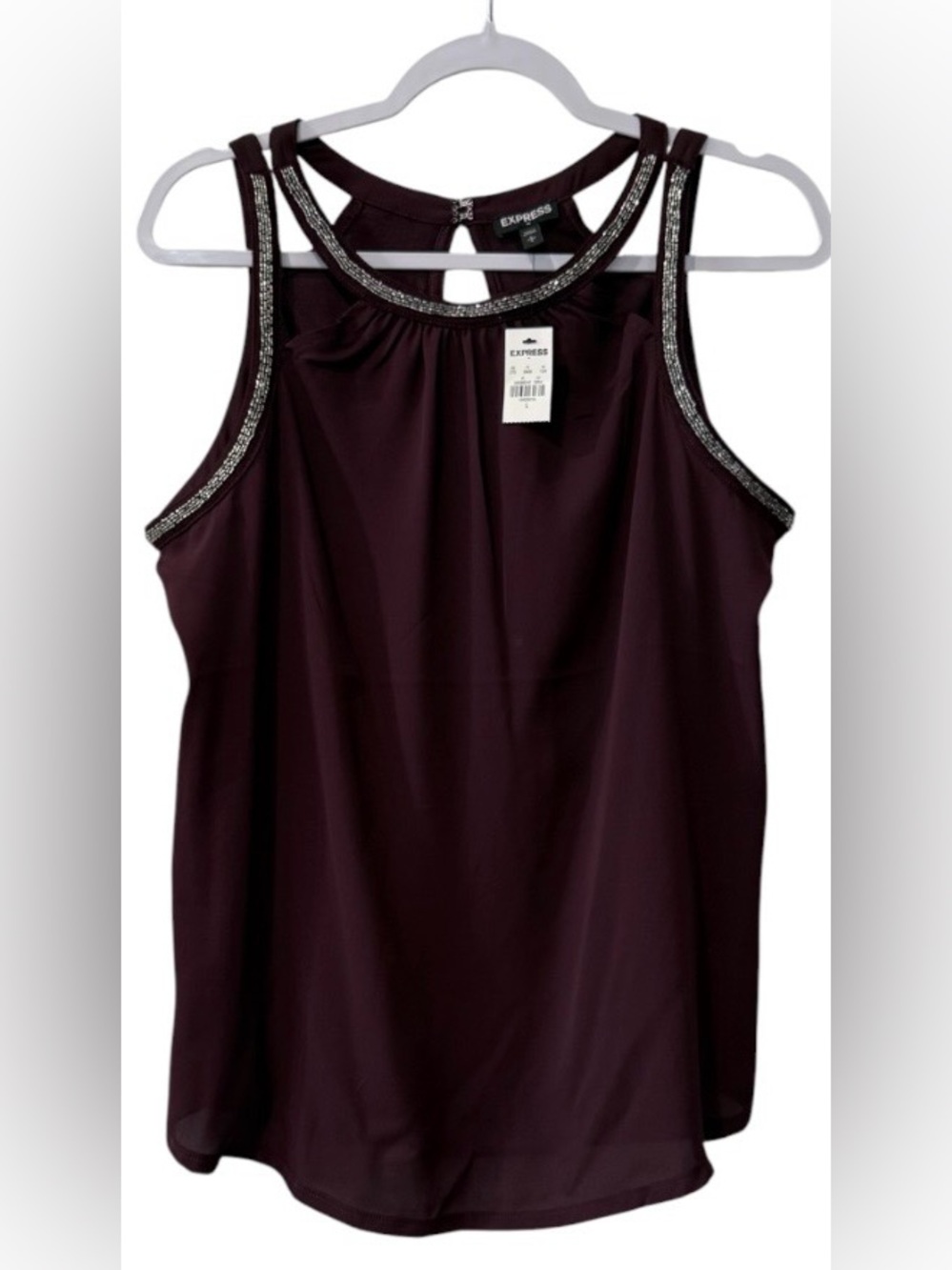 NWT Express women’s Large sleeveless classy burgundy ctop with a beaded necklin